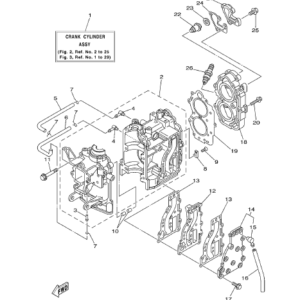 The cylinder and the crankcase of Yamaha 9.9 F-15F 2 stroke outboard Engine